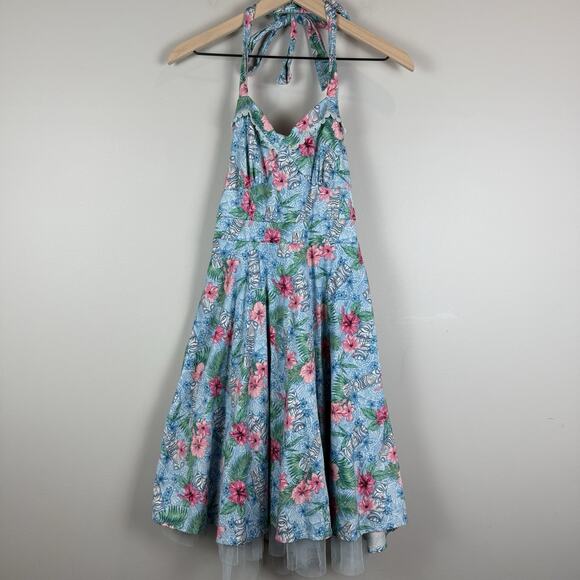 Hot Topic Tiki Blue Floral Swing Dress Small Summer Hawaiian Themed Retro 1950s - Picture 4 of 9